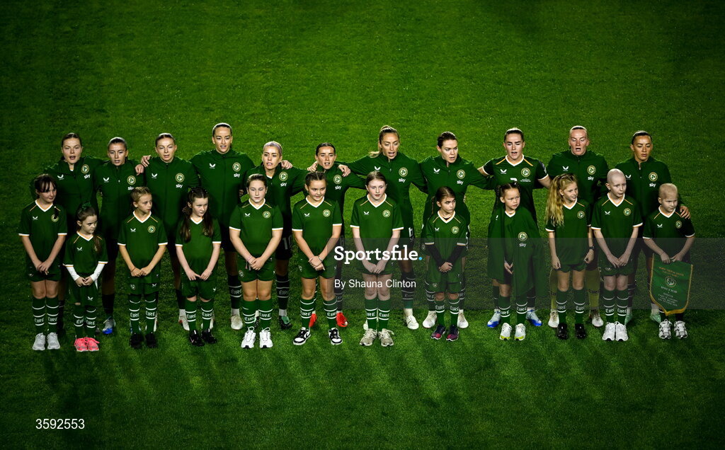 13 October 2026; The Republic of Ireland team line-up before the 2027 FIFA Women’s World Cup qualifying round 1 play-off second leg match between the Republic of Ireland and Kazakhstan at Páirc Uí Chaoimh in Cork. Photo by Shauna Clinton/Sportsfile