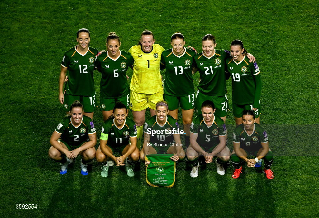 13 October 2026; The Republic of Ireland team, back row, from left, Anna Patten, Megan Connolly, goalkeeper Courtney Brosnan, Hayley Nolan, Emily Murphy and Abbie Larkin, with front row, from left, Jessie Stapleton, captain Katie McCabe, Denise O'Sullivan, Aoife Mannion and Shanade Hopcroft before the 2027 FIFA Women’s World Cup qualifying round 1 play-off second leg match between the Republic of Ireland and Kazakhstan at Páirc Uí Chaoimh in Cork. Photo by Shauna Clinton/Sportsfile