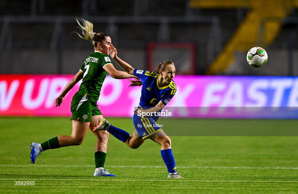 13 October 2026; Jessie Stapleton of Republic of Ireland in action against Anastassiya Nizamutdinova of Kazakhstan during the 2027 FIFA Women’s World Cup qualifying round 1 play-off second leg match between the Republic of Ireland and Kazakhstan at Páirc Uí Chaoimh in Cork. Photo by Tyler Miller/Sportsfile