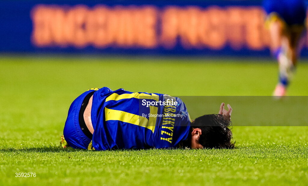 13 October 2026; Karina Zhumabaikyzy of Kazakhstan reacts after sustaining an injury during the 2027 FIFA Women’s World Cup qualifying round 1 play-off second leg match between Republic of Ireland and Kazakhstan at SuperValu Páirc Uí Chaoimh in Cork. Photo by Stephen McCarthy/Sportsfile