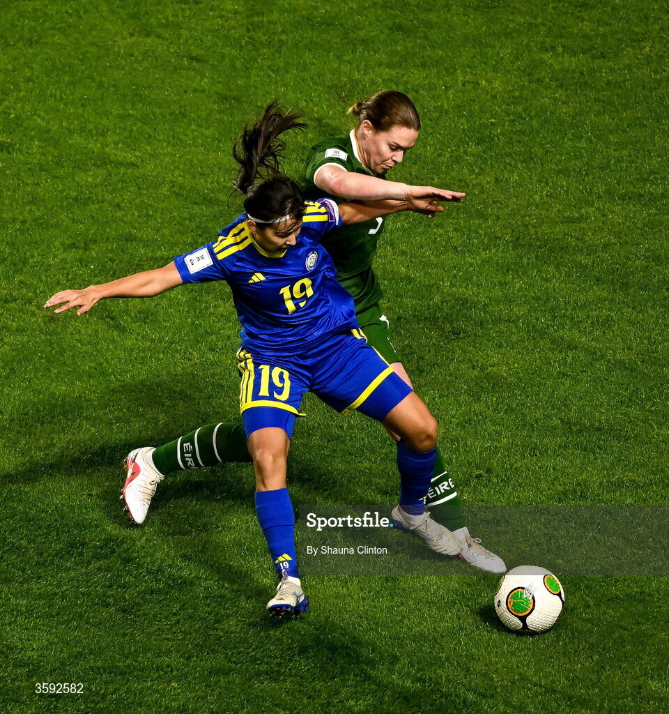 13 October 2026; Fatima Satygaliyeva of Kazakhstan in action against Aoife Mannion of Republic of Ireland during the 2027 FIFA Women’s World Cup qualifying round 1 play-off second leg match between the Republic of Ireland and Kazakhstan at Páirc Uí Chaoimh in Cork. Photo by Shauna Clinton/Sportsfile