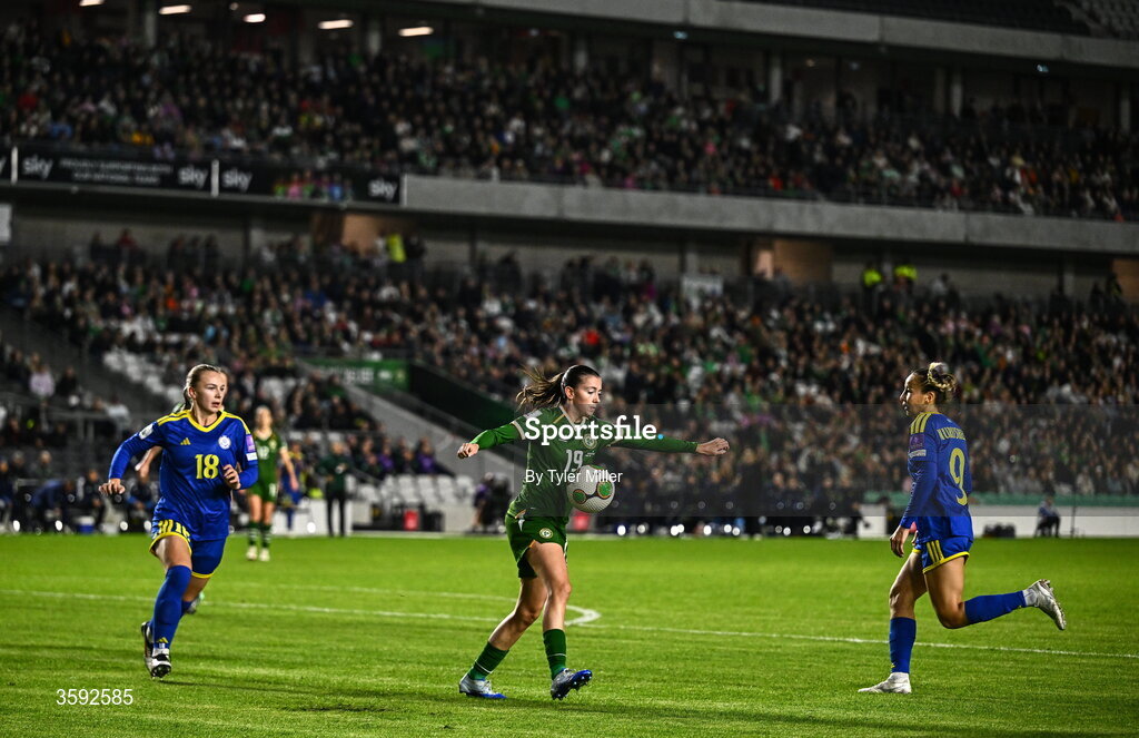 13 October 2026; Abbie Larkin of Republic of Ireland in action against Alexandra Burova, left, and Bibigul Nurusheva of Kazakhstan during the 2027 FIFA Women’s World Cup qualifying round 1 play-off second leg match between the Republic of Ireland and Kazakhstan at Páirc Uí Chaoimh in Cork. Photo by Tyler Miller/Sportsfile