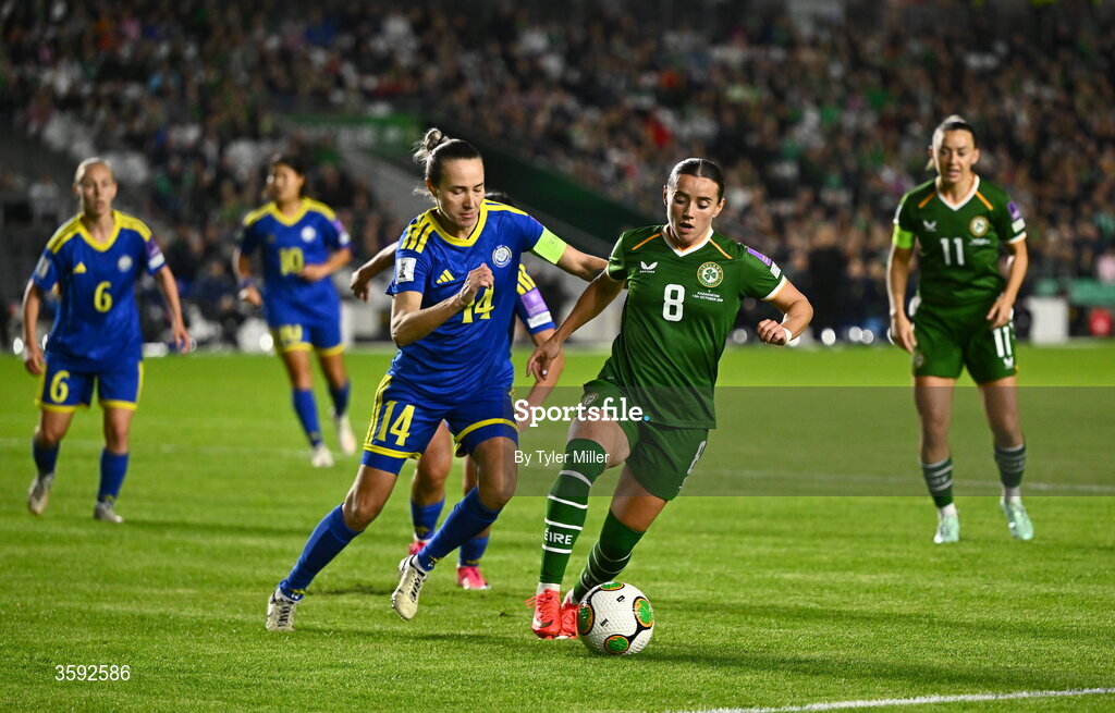 13 October 2026; Shanade Hopcroft of Republic of Ireland in action against Yekaterina Babshuk of Kazakhstan during the 2027 FIFA Women’s World Cup qualifying round 1 play-off second leg match between the Republic of Ireland and Kazakhstan at Páirc Uí Chaoimh in Cork. Photo by Tyler Miller/Sportsfile