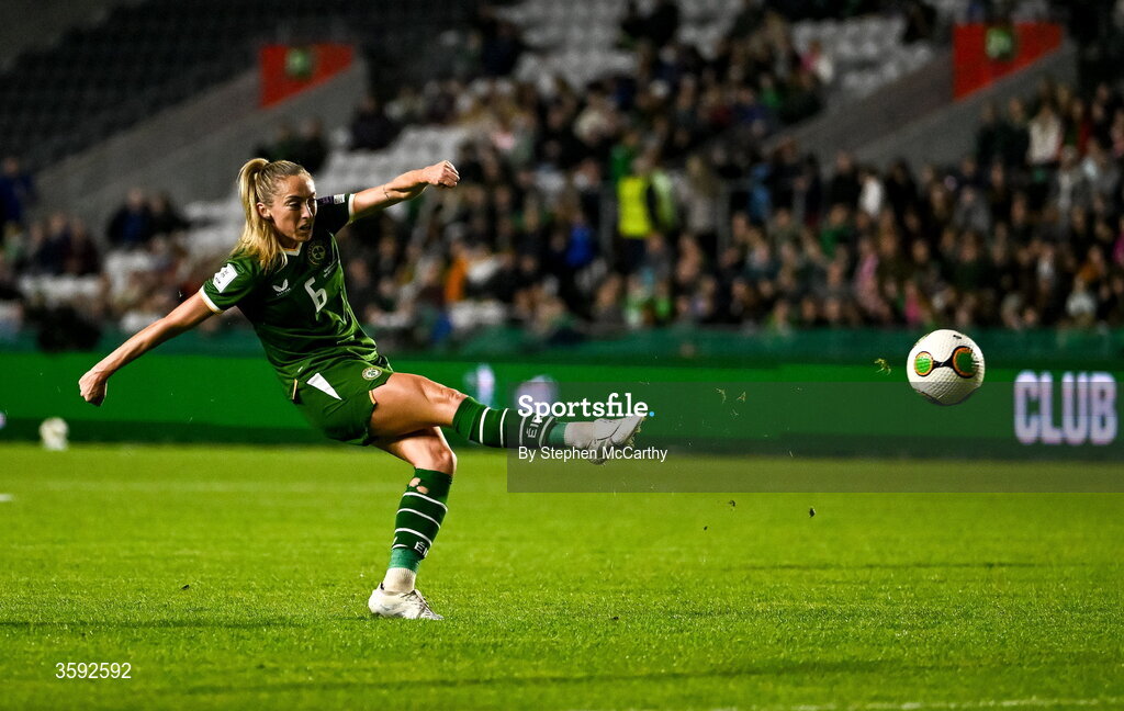 13 October 2026; Megan Connolly of Republic of Ireland has a shot on goal during the 2027 FIFA Women’s World Cup qualifying round 1 play-off second leg match between Republic of Ireland and Kazakhstan at SuperValu Páirc Uí Chaoimh in Cork. Photo by Stephen McCarthy/Sportsfile