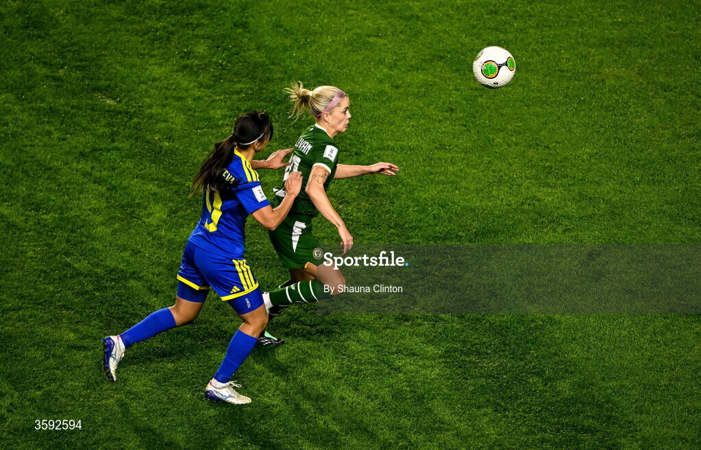 13 October 2026; Denise O’Sullivan of Republic of Ireland in action against Fatima Satygaliyeva of Kazakhstan during the 2027 FIFA Women’s World Cup qualifying round 1 play-off second leg match between the Republic of Ireland and Kazakhstan at Páirc Uí Chaoimh in Cork. Photo by Shauna Clinton/Sportsfile