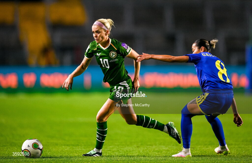 13 October 2026; Denise O’Sullivan of Republic of Ireland in action against Aida Gaistenova of Kazakhstan during the 2027 FIFA Women’s World Cup qualifying round 1 play-off second leg match between Republic of Ireland and Kazakhstan at SuperValu Páirc Uí Chaoimh in Cork. Photo by Stephen McCarthy/Sportsfile