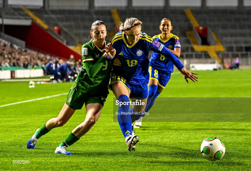 13 October 2026; Alexandra Burova of Kazakhstan in action against Abbie Larkin of Republic of Ireland during the 2027 FIFA Women’s World Cup qualifying round 1 play-off second leg match between Republic of Ireland and Kazakhstan at SuperValu Páirc Uí Chaoimh in Cork. Photo by Stephen McCarthy/Sportsfile
