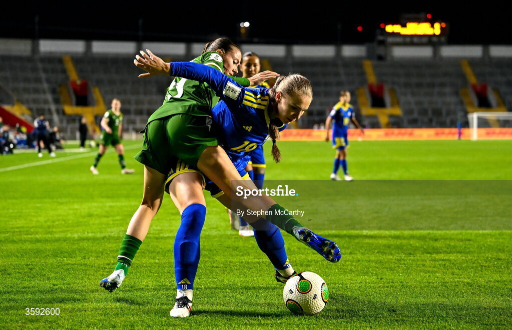13 October 2026; Alexandra Burova of Kazakhstan in action against Abbie Larkin of Republic of Ireland during the 2027 FIFA Women’s World Cup qualifying round 1 play-off second leg match between Republic of Ireland and Kazakhstan at SuperValu Páirc Uí Chaoimh in Cork. Photo by Stephen McCarthy/Sportsfile