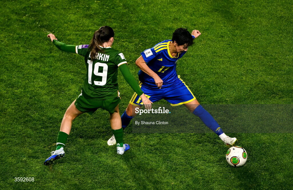 13 October 2026; Karina Zhumabaikyzy of Kazakhstan in action against Abbie Larkin of Republic of Ireland during the 2027 FIFA Women’s World Cup qualifying round 1 play-off second leg match between the Republic of Ireland and Kazakhstan at Páirc Uí Chaoimh in Cork. Photo by Shauna Clinton/Sportsfile