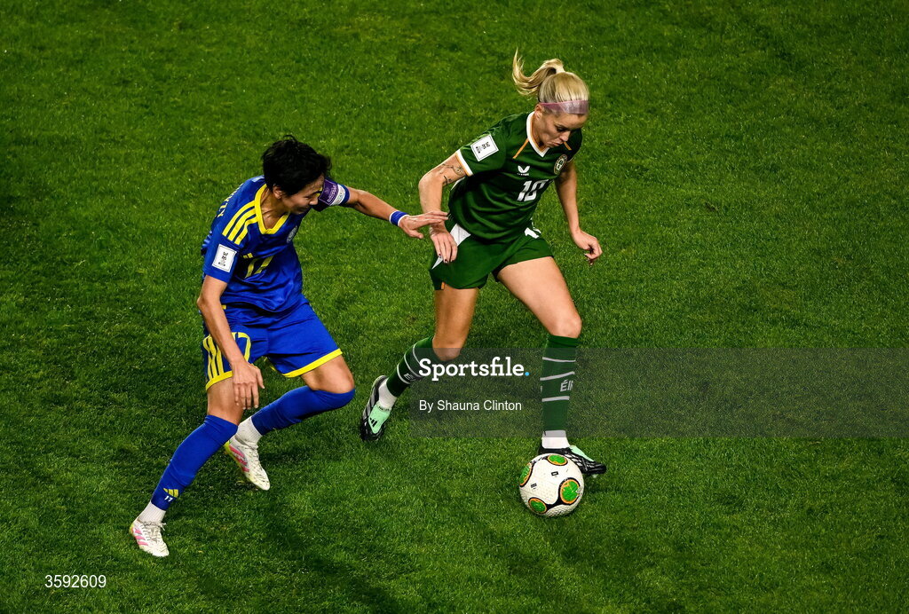13 October 2026; Denise O’Sullivan of Republic of Ireland in action against Karina Zhumabaikyzy of Kazakhstan during the 2027 FIFA Women’s World Cup qualifying round 1 play-off second leg match between the Republic of Ireland and Kazakhstan at Páirc Uí Chaoimh in Cork. Photo by Shauna Clinton/Sportsfile