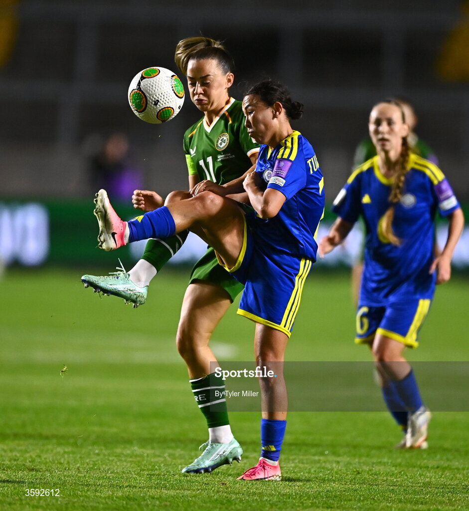 13 October 2026; Asselkhan Turlybekova of Kazakhstan in action against Katie McCabe of Republic of Ireland during the 2027 FIFA Women’s World Cup qualifying round 1 play-off second leg match between the Republic of Ireland and Kazakhstan at Páirc Uí Chaoimh in Cork. Photo by Tyler Miller/Sportsfile