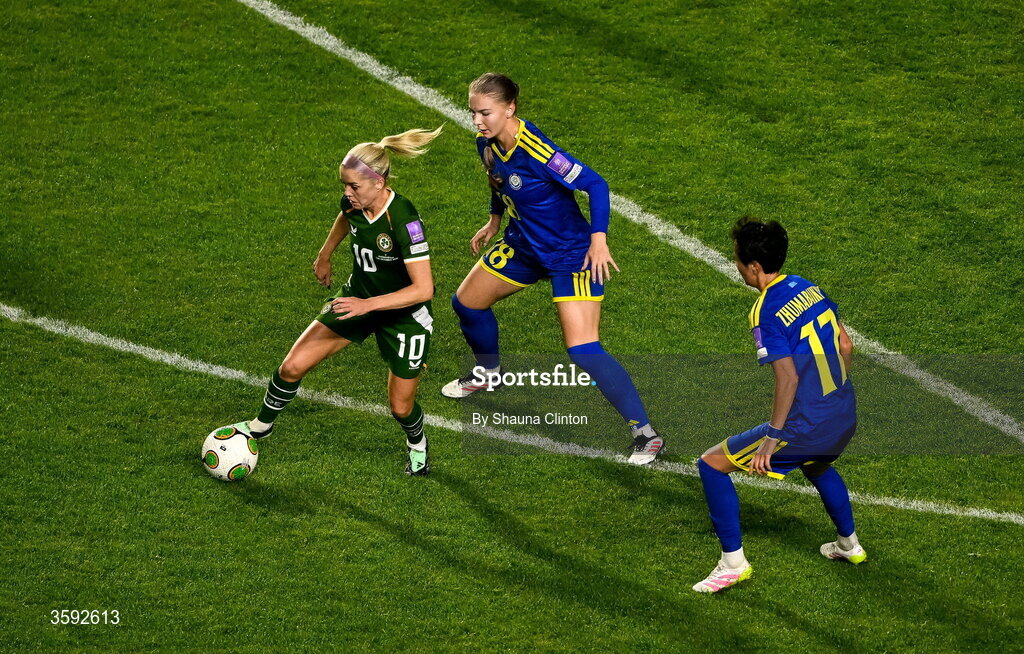13 October 2026; Denise O’Sullivan of Republic of Ireland in action against Alexandra Burova, centre, and Alexandra Burova of Kazakhstan during the 2027 FIFA Women’s World Cup qualifying round 1 play-off second leg match between the Republic of Ireland and Kazakhstan at Páirc Uí Chaoimh in Cork. Photo by Shauna Clinton/Sportsfile