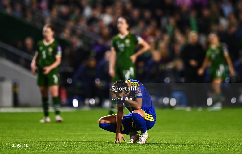13 October 2026; Karina Zhumabaikyzy of Kazakhstan reacts during the 2027 FIFA Women’s World Cup qualifying round 1 play-off second leg match between the Republic of Ireland and Kazakhstan at Páirc Uí Chaoimh in Cork. Photo by Tyler Miller/Sportsfile