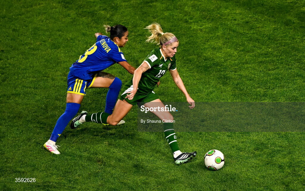 13 October 2026; Denise O’Sullivan of Republic of Ireland in action against Aida Gaistenova of Kazakhstan during the 2027 FIFA Women’s World Cup qualifying round 1 play-off second leg match between the Republic of Ireland and Kazakhstan at Páirc Uí Chaoimh in Cork. Photo by Shauna Clinton/Sportsfile