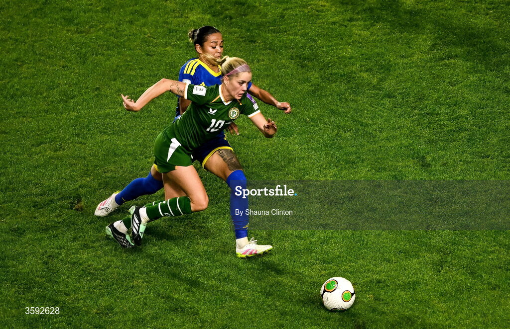 13 October 2026; Denise O’Sullivan of Republic of Ireland in action against Aida Gaistenova of Kazakhstan during the 2027 FIFA Women’s World Cup qualifying round 1 play-off second leg match between the Republic of Ireland and Kazakhstan at Páirc Uí Chaoimh in Cork. Photo by Shauna Clinton/Sportsfile