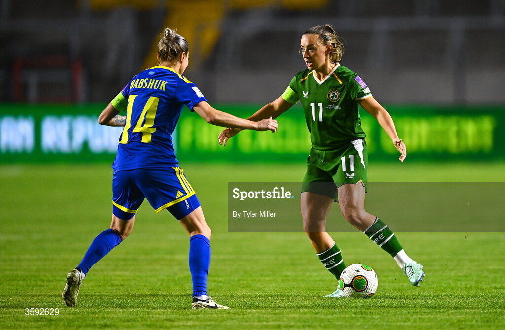 13 October 2026; Katie McCabe of Republic of Ireland in action against Yekaterina Babshuk of Kazakhstan during the 2027 FIFA Women’s World Cup qualifying round 1 play-off second leg match between the Republic of Ireland and Kazakhstan at Páirc Uí Chaoimh in Cork. Photo by Tyler Miller/Sportsfile