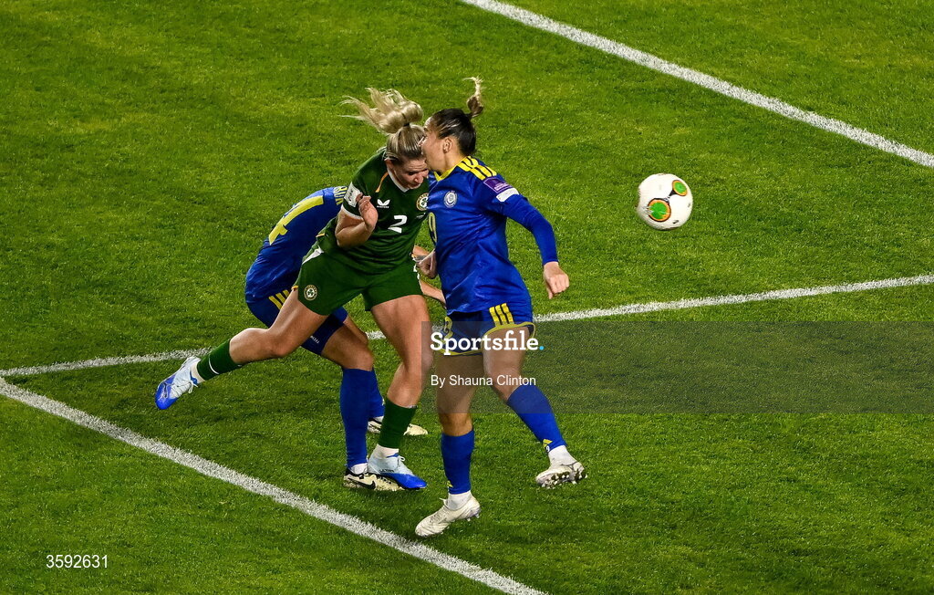 13 October 2026; Jessie Stapleton of Republic of Ireland scores her side's first goal during the 2027 FIFA Women’s World Cup qualifying round 1 play-off second leg match between the Republic of Ireland and Kazakhstan at Páirc Uí Chaoimh in Cork. Photo by Shauna Clinton/Sportsfile