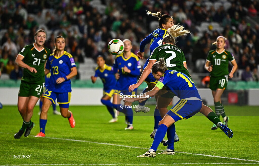 13 October 2026; Jessie Stapleton of Republic of Ireland scores her side's first goal during the 2027 FIFA Women’s World Cup qualifying round 1 play-off second leg match between the Republic of Ireland and Kazakhstan at Páirc Uí Chaoimh in Cork. Photo by Tyler Miller/Sportsfile
