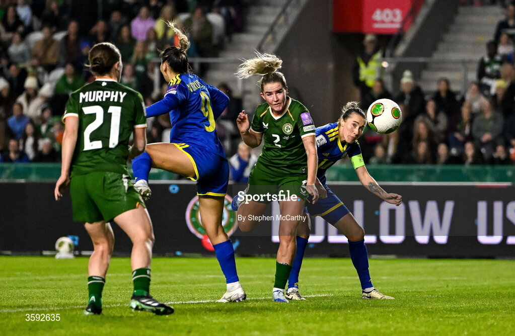 13 October 2026; Jessie Stapleton of Republic of Ireland scores her side's first goal during the 2027 FIFA Women’s World Cup qualifying round 1 play-off second leg match between Republic of Ireland and Kazakhstan at SuperValu Páirc Uí Chaoimh in Cork. Photo by Stephen McCarthy/Sportsfile