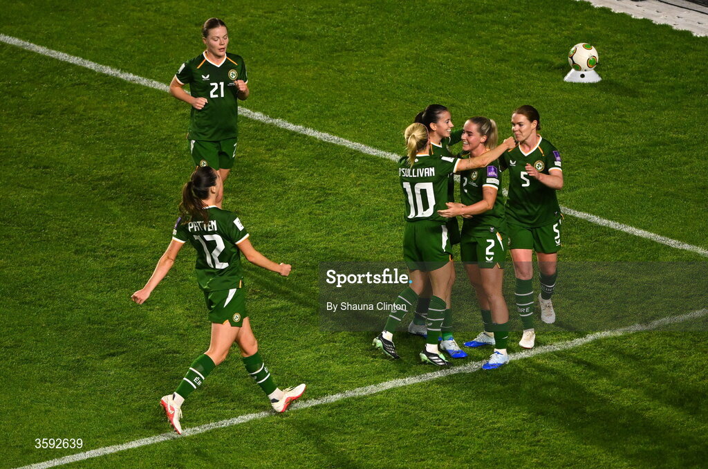 13 October 2026; Jessie Stapleton of Republic of Ireland celebrates with teammates after scoring their side's first goal during the 2027 FIFA Women’s World Cup qualifying round 1 play-off second leg match between the Republic of Ireland and Kazakhstan at Páirc Uí Chaoimh in Cork. Photo by Shauna Clinton/Sportsfile