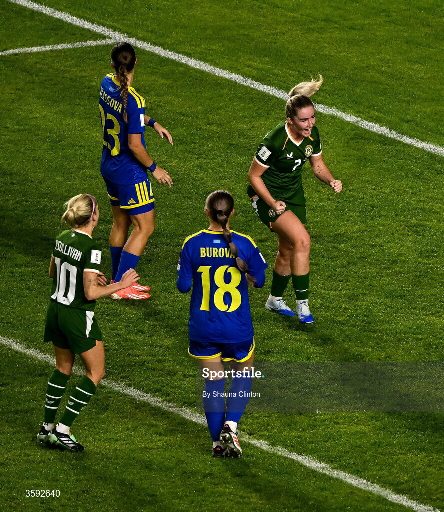 13 October 2026; Jessie Stapleton of Republic of Ireland celebrates after scoring her side's first goal during the 2027 FIFA Women’s World Cup qualifying round 1 play-off second leg match between the Republic of Ireland and Kazakhstan at Páirc Uí Chaoimh in Cork. Photo by Shauna Clinton/Sportsfile
