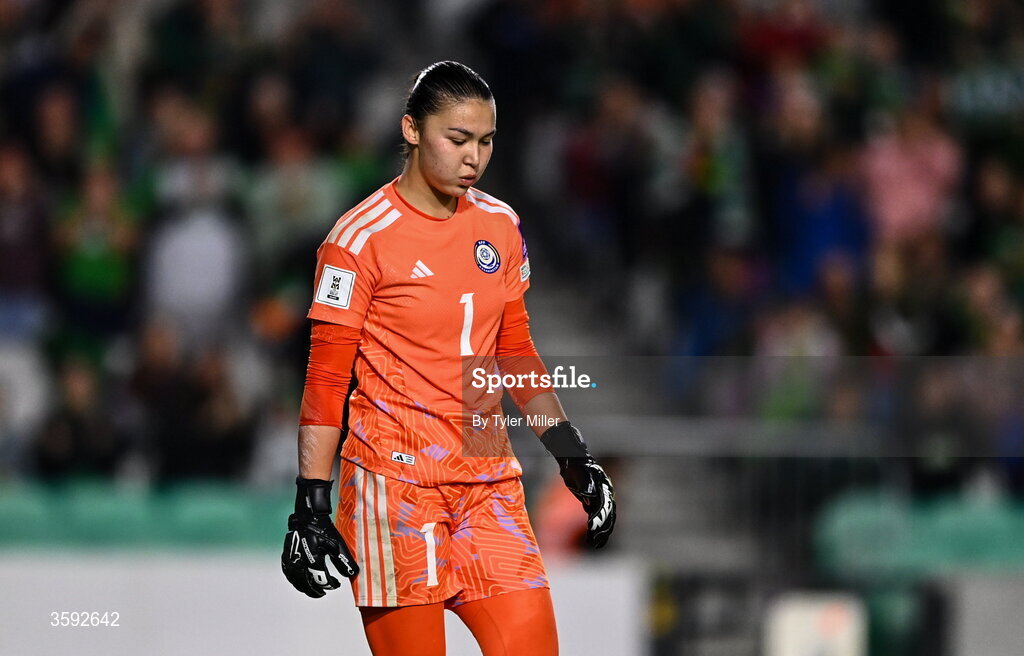 13 October 2026; Kazakhstan goalkeeper Angelina Portnova during the 2027 FIFA Women’s World Cup qualifying round 1 play-off second leg match between the Republic of Ireland and Kazakhstan at Páirc Uí Chaoimh in Cork. Photo by Tyler Miller/Sportsfile
