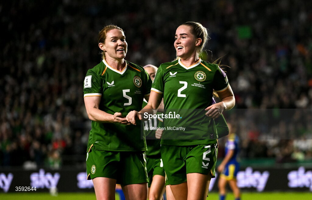 13 October 2026; Jessie Stapleton of Republic of Ireland celebrates with teammate Aoife Mannion after scoring their side's first goal during the 2027 FIFA Women’s World Cup qualifying round 1 play-off second leg match between Republic of Ireland and Kazakhstan at SuperValu Páirc Uí Chaoimh in Cork. Photo by Stephen McCarthy/Sportsfile