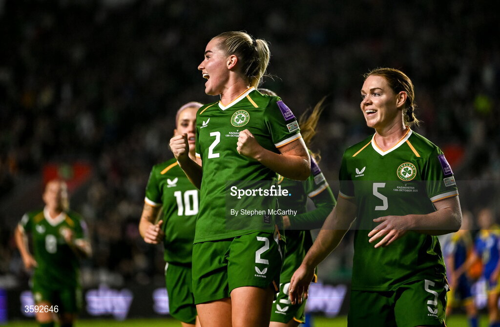 13 October 2026; Jessie Stapleton of Republic of Ireland celebrates after scoring her side's first goal during the 2027 FIFA Women’s World Cup qualifying round 1 play-off second leg match between Republic of Ireland and Kazakhstan at SuperValu Páirc Uí Chaoimh in Cork. Photo by Stephen McCarthy/Sportsfile