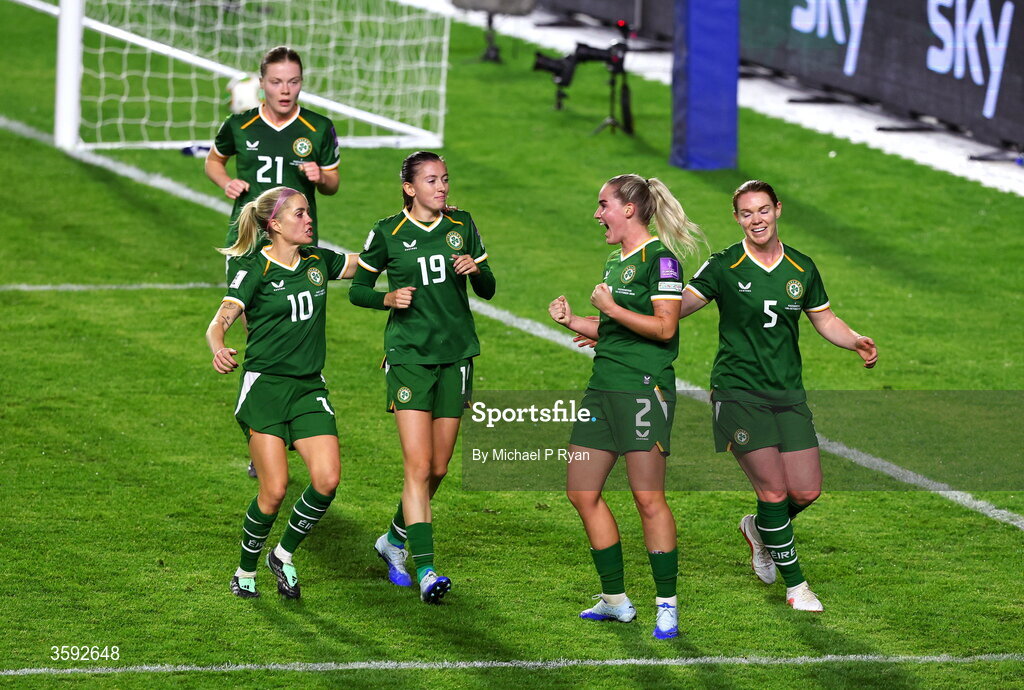 13 October 2026; Jessie Stapleton of Republic of Ireland, second from right, celebrates with teammates after scoring her side's first goal during the 2027 FIFA Women’s World Cup qualifying round 1 play-off second leg match between Republic of Ireland and Kazakhstan at SuperValu Páirc Uí Chaoimh in Cork. Photo by Michael P Ryan/Sportsfile