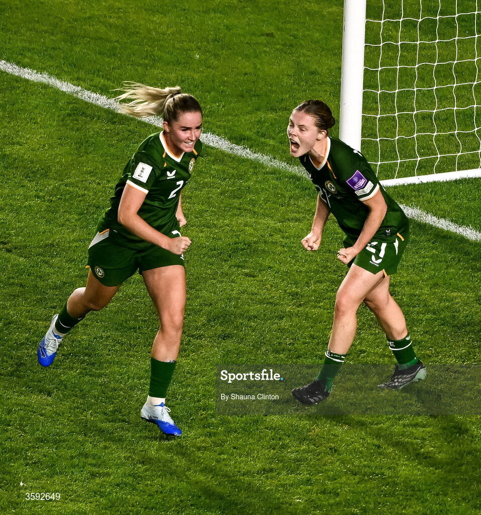 13 October 2026; Jessie Stapleton of Republic of Ireland celebrates with teammates Aoife Mannion, right, after scoring their side's first goal during the 2027 FIFA Women’s World Cup qualifying round 1 play-off second leg match between the Republic of Ireland and Kazakhstan at Páirc Uí Chaoimh in Cork. Photo by Shauna Clinton/Sportsfile