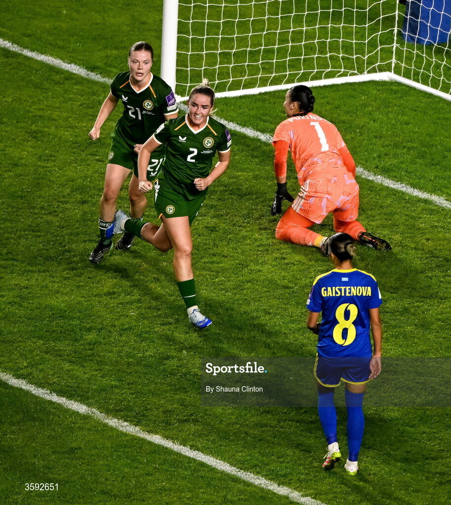 13 October 2026; Jessie Stapleton of Republic of Ireland celebrates after scoring her side's first goal during the 2027 FIFA Women’s World Cup qualifying round 1 play-off second leg match between the Republic of Ireland and Kazakhstan at Páirc Uí Chaoimh in Cork. Photo by Shauna Clinton/Sportsfile