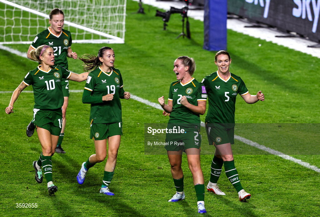 13 October 2026; Jessie Stapleton of Republic of Ireland celebrates after scoring her side's first goal during the 2027 FIFA Women’s World Cup qualifying round 1 play-off second leg match between Republic of Ireland and Kazakhstan at SuperValu Páirc Uí Chaoimh in Cork. Photo by Michael P Ryan/Sportsfile