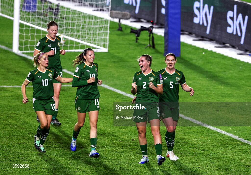 13 October 2026; Jessie Stapleton of Republic of Ireland, second from right, celebrates with teammates after scoring her side's first goal during the 2027 FIFA Women’s World Cup qualifying round 1 play-off second leg match between Republic of Ireland and Kazakhstan at SuperValu Páirc Uí Chaoimh in Cork. Photo by Michael P Ryan/Sportsfile