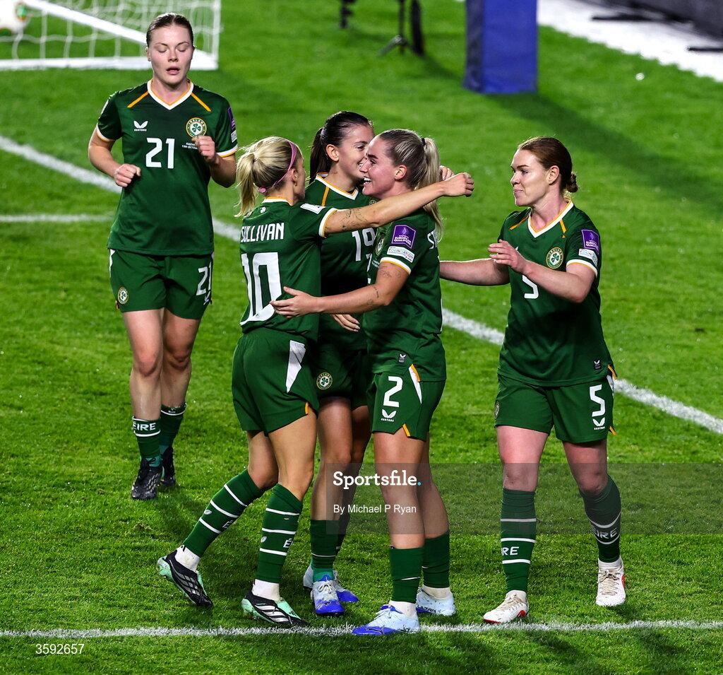 13 October 2026; Jessie Stapleton of Republic of Ireland, 2, celebrates with teammates after scoring her side's first goal during the 2027 FIFA Women’s World Cup qualifying round 1 play-off second leg match between Republic of Ireland and Kazakhstan at SuperValu Páirc Uí Chaoimh in Cork. Photo by Michael P Ryan/Sportsfile