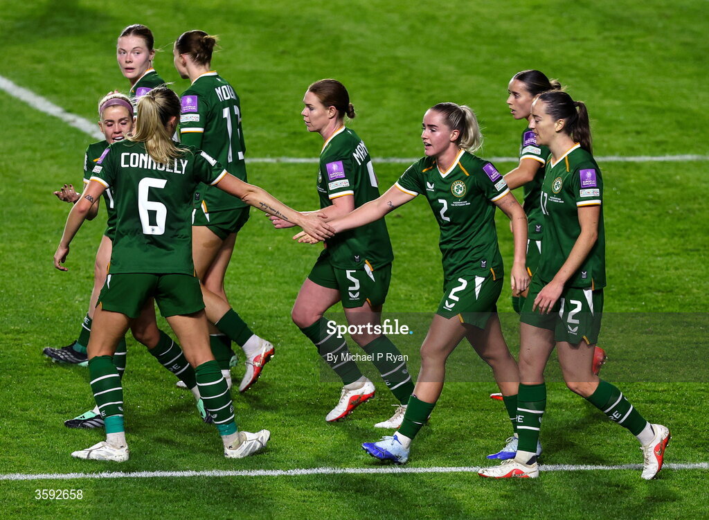 13 October 2026; Jessie Stapleton of Republic of Ireland, 2, celebrates with teammates after scoring her side's first goal during the 2027 FIFA Women’s World Cup qualifying round 1 play-off second leg match between Republic of Ireland and Kazakhstan at SuperValu Páirc Uí Chaoimh in Cork. Photo by Michael P Ryan/Sportsfile