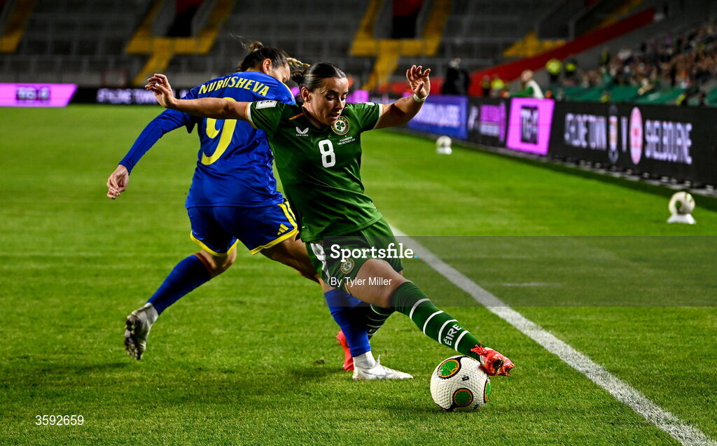 13 October 2026; Shanade Hopcroft of Republic of Ireland in action against Bibigul Nurusheva of Kazakhstan during the 2027 FIFA Women’s World Cup qualifying round 1 play-off second leg match between the Republic of Ireland and Kazakhstan at Páirc Uí Chaoimh in Cork. Photo by Tyler Miller/Sportsfile