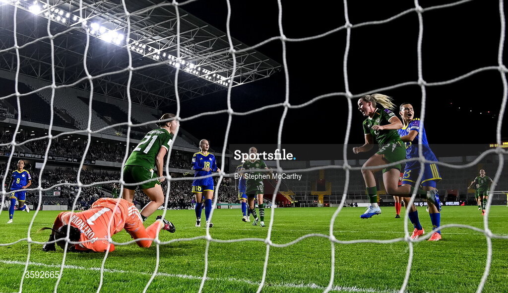 13 October 2026; Jessie Stapleton of Republic of Ireland celebrates after scoring her side's first goal during the 2027 FIFA Women’s World Cup qualifying round 1 play-off second leg match between the Republic of Ireland and Kazakhstan at Páirc Uí Chaoimh in Cork. Photo by Stephen McCarthy/Sportsfile