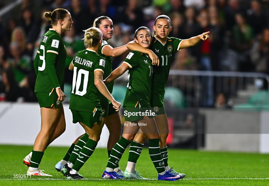 13 October 2026; Katie McCabe of Republic of Ireland, right, celebrates with teammates, from left, Hayley Nolan, Denise O’Sullivan, Jessie Stapleton and Marissa Sheva after scoring their side's second goal during the 2027 FIFA Women’s World Cup qualifying round 1 play-off second leg match between the Republic of Ireland and Kazakhstan at Páirc Uí Chaoimh in Cork. Photo by Tyler Miller/Sportsfile
