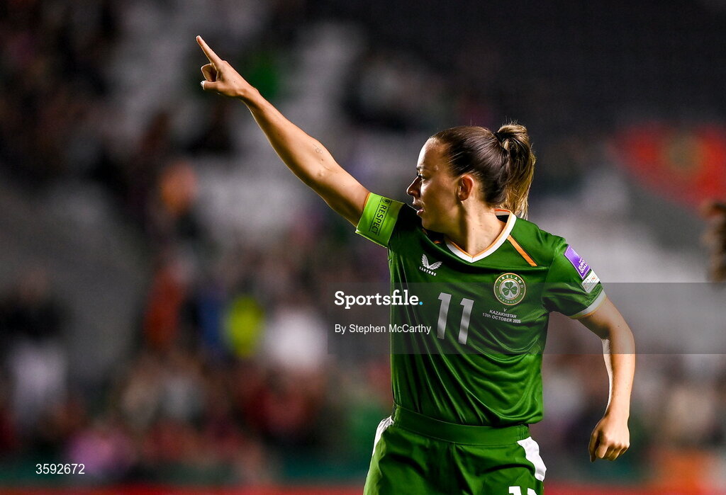 13 October 2026; Katie McCabe of Republic of Ireland celebrates after scoring her side's second goal during the 2027 FIFA Women’s World Cup qualifying round 1 play-off second leg match between Republic of Ireland and Kazakhstan at SuperValu Páirc Uí Chaoimh in Cork. Photo by Stephen McCarthy/Sportsfile