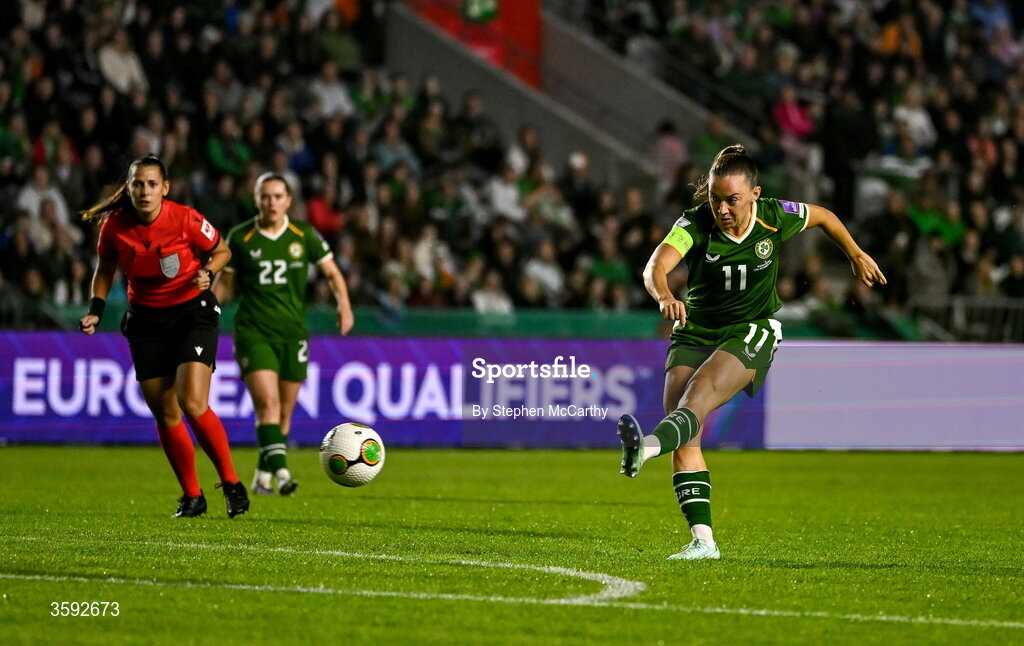13 October 2026; Katie McCabe of Republic of Ireland scores her side's second goal during the 2027 FIFA Women’s World Cup qualifying round 1 play-off second leg match between Republic of Ireland and Kazakhstan at SuperValu Páirc Uí Chaoimh in Cork. Photo by Stephen McCarthy/Sportsfile