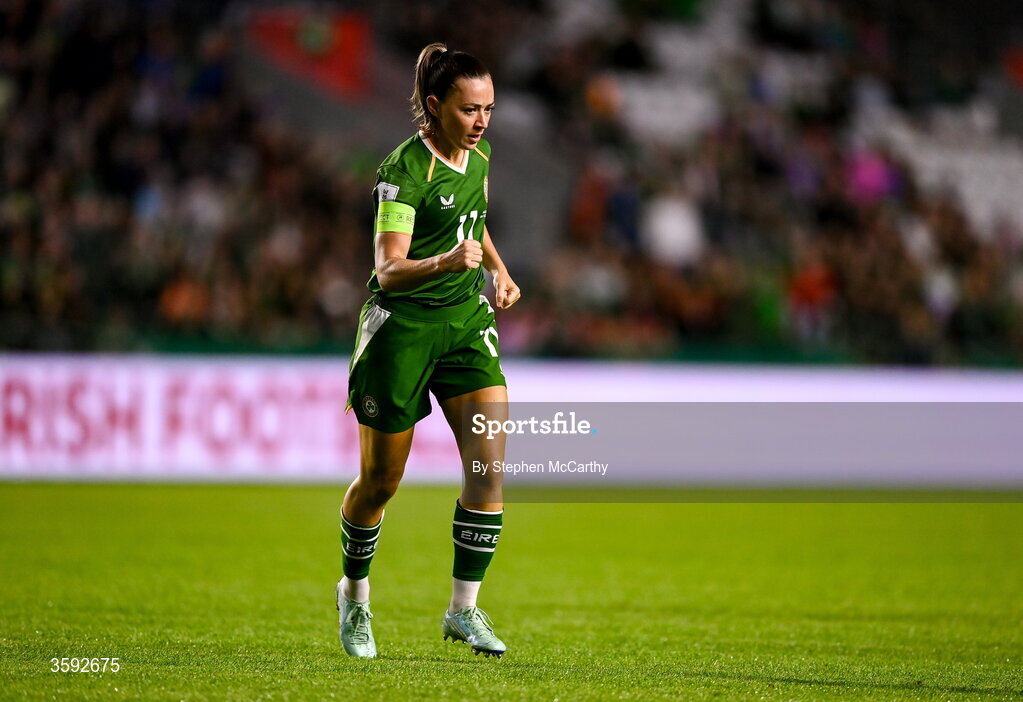13 October 2026; Katie McCabe of Republic of Ireland celebrates after scoring her side's second goal during the 2027 FIFA Women’s World Cup qualifying round 1 play-off second leg match between Republic of Ireland and Kazakhstan at SuperValu Páirc Uí Chaoimh in Cork. Photo by Stephen McCarthy/Sportsfile