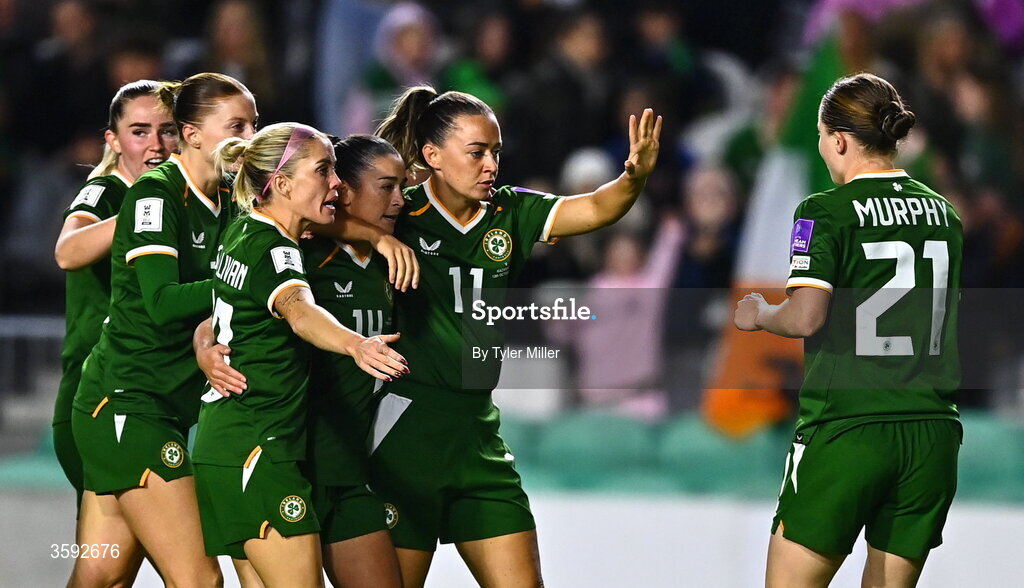 13 October 2026; Katie McCabe of Republic of Ireland, centre, celebrates with teammates after scoring their side's second goal during the 2027 FIFA Women’s World Cup qualifying round 1 play-off second leg match between the Republic of Ireland and Kazakhstan at Páirc Uí Chaoimh in Cork. Photo by Tyler Miller/Sportsfile