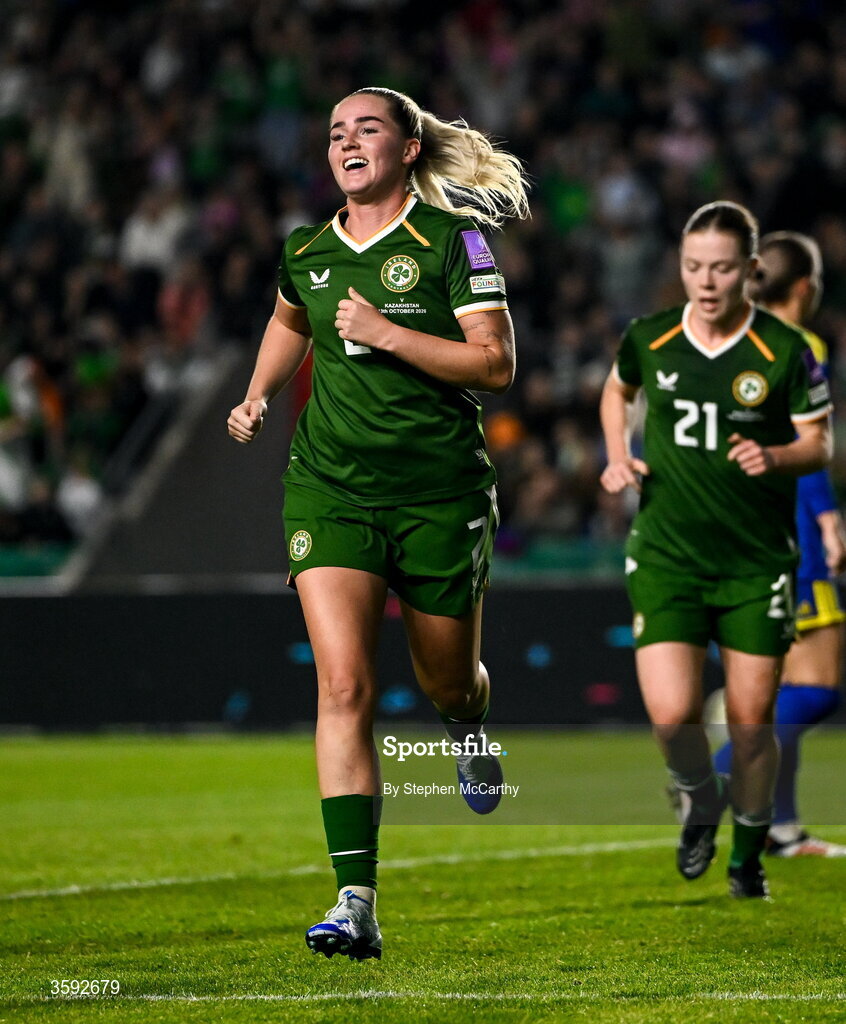 13 October 2026; Jessie Stapleton of Republic of Ireland celebrates after scoring her side's first goal during the 2027 FIFA Women’s World Cup qualifying round 1 play-off second leg match between Republic of Ireland and Kazakhstan at SuperValu Páirc Uí Chaoimh in Cork. Photo by Stephen McCarthy/Sportsfile