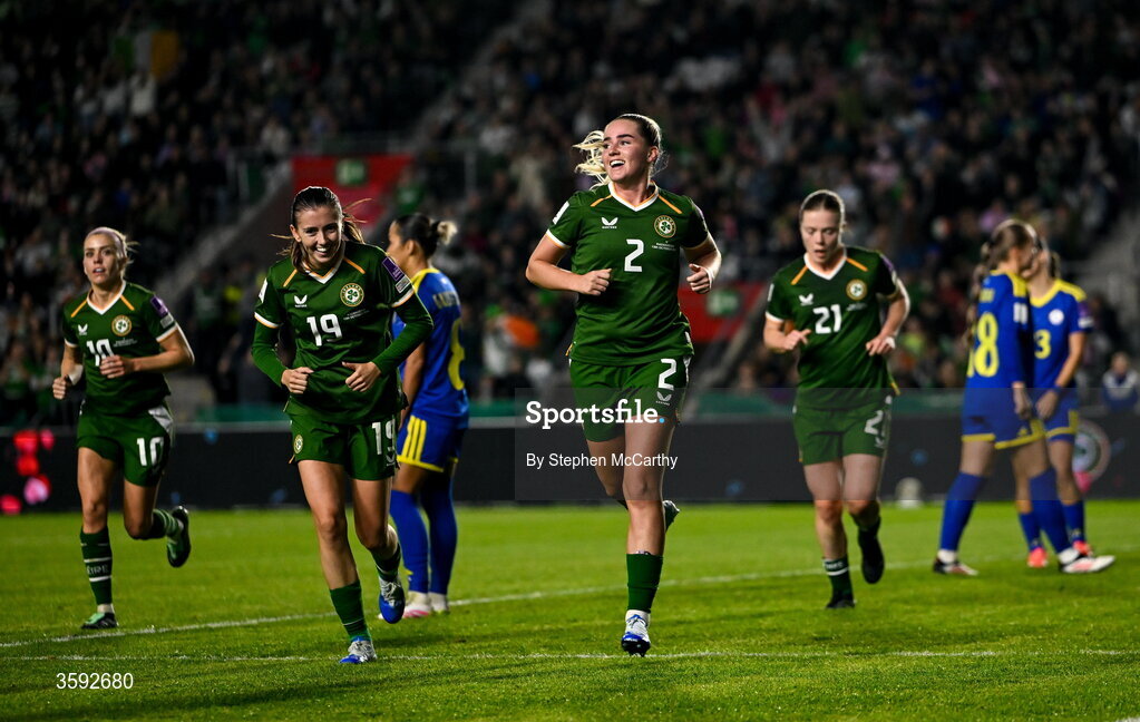 13 October 2026; Jessie Stapleton of Republic of Ireland celebrates after scoring her side's first goal during the 2027 FIFA Women’s World Cup qualifying round 1 play-off second leg match between Republic of Ireland and Kazakhstan at SuperValu Páirc Uí Chaoimh in Cork. Photo by Stephen McCarthy/Sportsfile