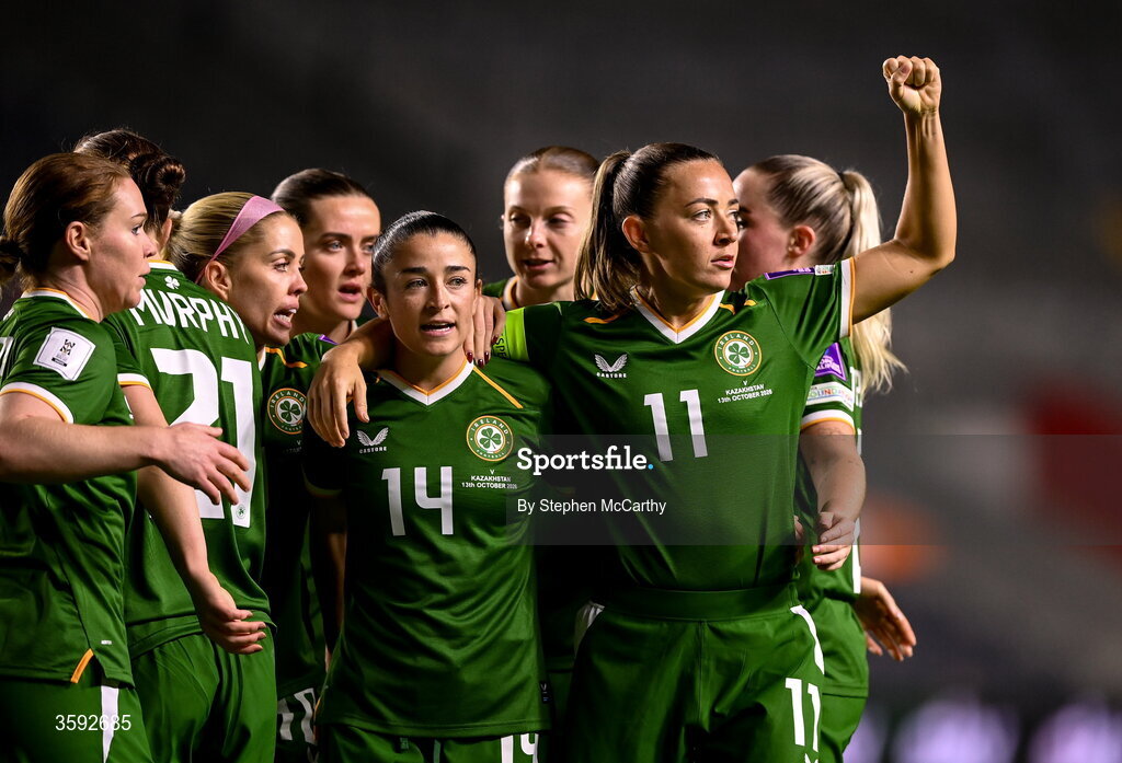 13 October 2026; Katie McCabe of Republic of Ireland celebrates with teammates, including Marissa Sheva, 14, after scoring their side's second goal during the 2027 FIFA Women’s World Cup qualifying round 1 play-off second leg match between Republic of Ireland and Kazakhstan at SuperValu Páirc Uí Chaoimh in Cork. Photo by Stephen McCarthy/Sportsfile