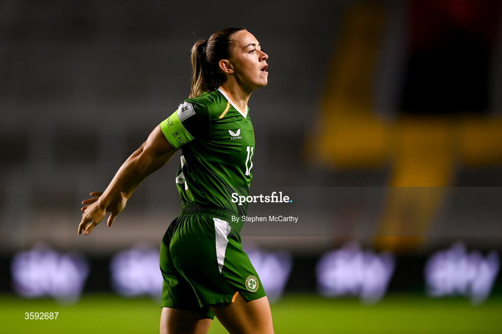 13 October 2026; Katie McCabe of Republic of Ireland celebrates after scoring her side's second goal during the 2027 FIFA Women’s World Cup qualifying round 1 play-off second leg match between Republic of Ireland and Kazakhstan at SuperValu Páirc Uí Chaoimh in Cork. Photo by Stephen McCarthy/Sportsfile
