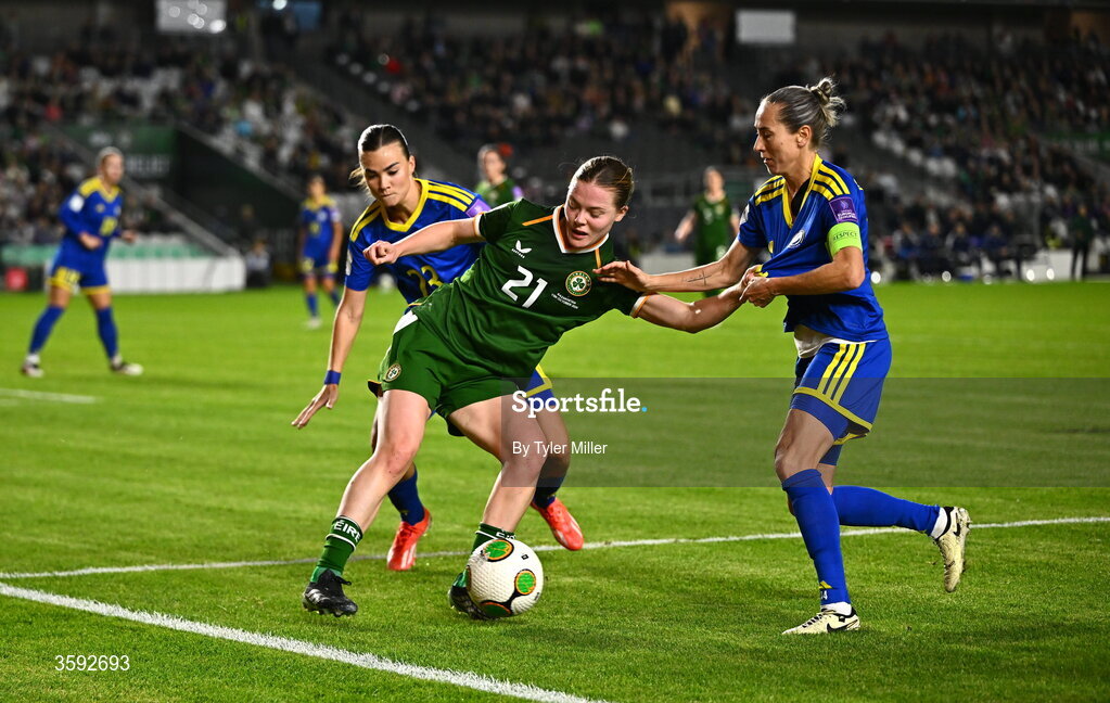 13 October 2026; Emily Murphy of Republic of Ireland in action against Anastassiya Vlassova, left, and Yekaterina Babshuk of Kazakhstan during the 2027 FIFA Women’s World Cup qualifying round 1 play-off second leg match between the Republic of Ireland and Kazakhstan at Páirc Uí Chaoimh in Cork. Photo by Tyler Miller/Sportsfile