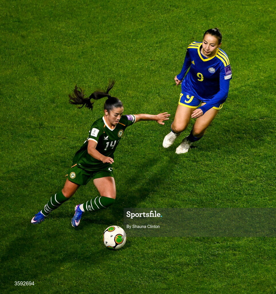 13 October 2026; Marissa Sheva of Republic of Ireland in action against Bibigul Nurusheva of Kazakhstan during the 2027 FIFA Women’s World Cup qualifying round 1 play-off second leg match between the Republic of Ireland and Kazakhstan at Páirc Uí Chaoimh in Cork. Photo by Shauna Clinton/Sportsfile