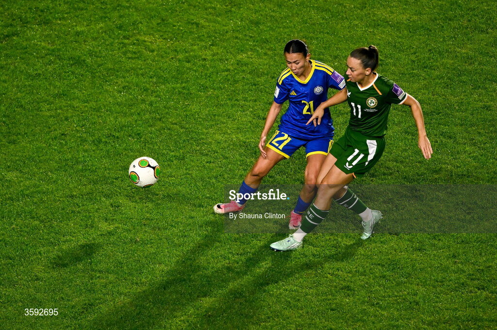 13 October 2026; Katie McCabe of Republic of Ireland in action against Asselkhan Turlybekova of Kazakhstan during the 2027 FIFA Women’s World Cup qualifying round 1 play-off second leg match between the Republic of Ireland and Kazakhstan at Páirc Uí Chaoimh in Cork. Photo by Shauna Clinton/Sportsfile