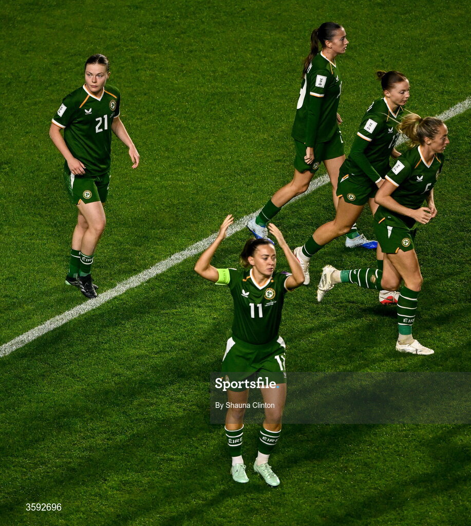 13 October 2026; Katie McCabe of Republic of Ireland celebrates after scoring her side's second goal during the 2027 FIFA Women’s World Cup qualifying round 1 play-off second leg match between the Republic of Ireland and Kazakhstan at Páirc Uí Chaoimh in Cork. Photo by Shauna Clinton/Sportsfile